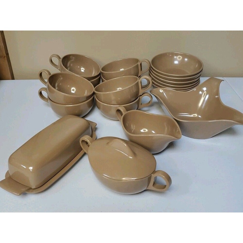 20 Pc Vtg Lot Melmac Melamine Brown Mugs Bowls Butter Dish Sugar Creamer
